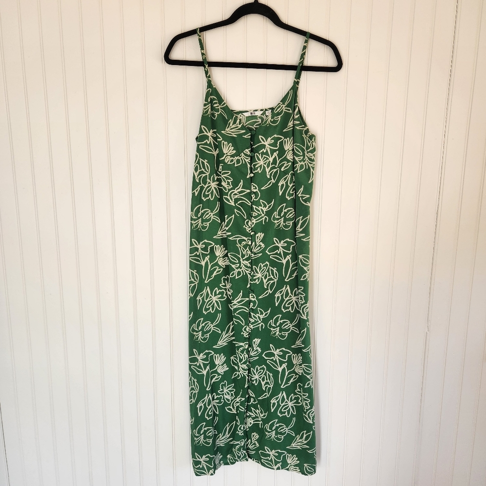 UNIQLO Greeb Floral Rayon Lightweight Botton Front Midi Dress Medium